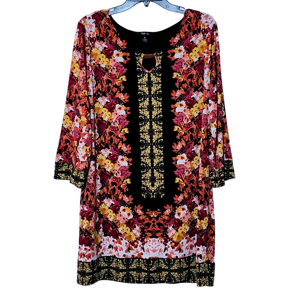 STYLE & CO FLORAL MINI DRESS OR LONG‎ TUNIC TOP WOMENS XL COLORFUL KEYHOLE FRONT